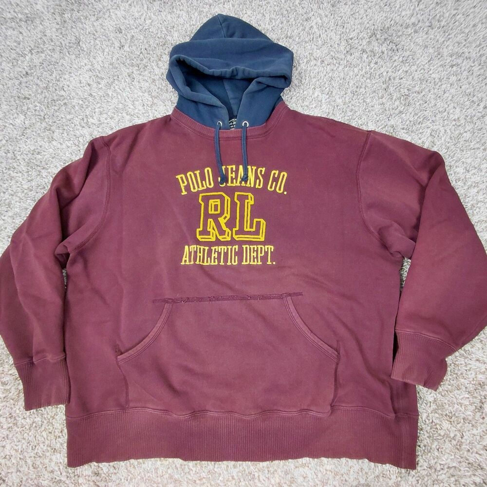 Vintage Polo Jeans Ralph Lauren Hoodie Sweatshirt Mens XL Burgundy Embroidered
